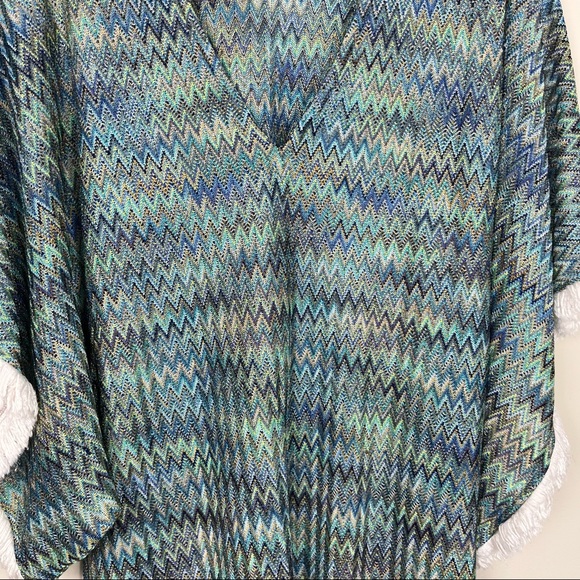 ALEXIS PONCHO COVER UP IN BLUE AND GREEN WITH WHITE FRINGE TRIM SIZE XS/S - Picture 7 of 13